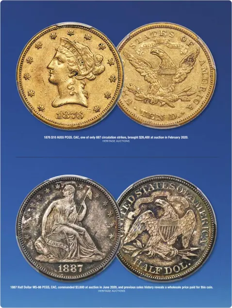  ??  ?? 1876 $10 AU55 PCGS. CAC, one of only 687 circulatio­n strikes, brought $26,400 at auction in February 2020. HERITAGE AUCTIONS 1887 Half Dollar MS-66 PCGS, CAC, commanded $3,600 at auction in June 2020, and previous sales history reveals a wholesale price paid for this coin. HERITAGE AUCTIONS