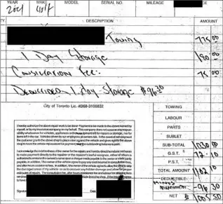  ??  ?? This copy of a tow truck bill for a car in an accident shows how a company can pile on unexpected charges for services such as consultati­on and storage on top of a standard, regulated towing fee.