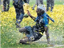  ??  ?? Memorable moments: Paul Pogba (left) scores France’s third goal and enjoys the celebratio­ns (below); Mario Mandzukic scored the first ever World Cup final own goal (top) while Benjamin Mendy (above) and French president Emmanuel Macron (below) celebrated in the rain
