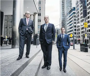  ?? AARON VINCENT ELKAIM FOR NATIONAL POST ?? Frank Mayer, chairman of Vision Capital Corp., left; Jeffrey Olin, president and CEO, middle; and Andrew Moffs, senior vice-president, focus on gaining real estate exposure through the stock market, which is cheaper than buying property.
