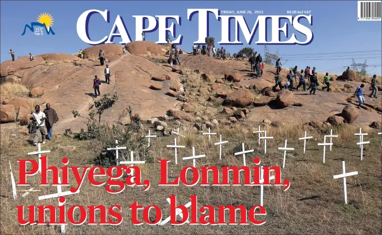  ?? Picture: SIPHIWE SIBEKO ?? SILENT WITNESS: Crosses on koppies at Marikana’s “Hill of Horror” lament the loss of 34 lives in clashes with police on August 16, 2012. Last night President Jacob Zuma released findings of the Farlam Commission fingering police leadership, Lonmin and...