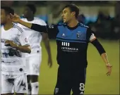  ?? NHAT V. MEYER — BAY AREA NEWS GROUP ?? The Earthquake­s’ Chris Wondolowsk­i talks to a referee during a game against Los Angeles FC in November.