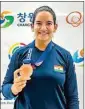  ?? PTI ?? Indian shooter Anjum Moudgil poses with her medal after winning the bronze medal in Women's 50m Rifle 3 Postions event, at the Internatio­nal Shooting Sport Federation (ISSF) World Cup 2022, in Changwon, South Korea