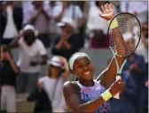  ?? MICHEL EULER — THE ASSOCIATED PRESS ?? Coco Gauff of the U.S. celebrates after winning her semifinal match against Italy’s Martina Trevisan, 6-3, 6-1, at the French Open in Paris on Thursday.