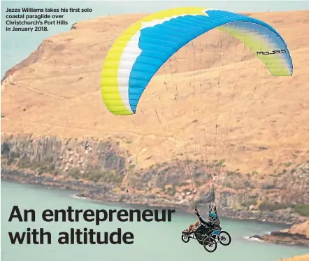  ??  ?? Jezza Williams takes his first solo coastal paraglide over Christchur­ch’s Port Hills in January 2018.