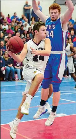  ?? SARAH GORDON/THE DAY ?? East Lyme’s Luke Leonard (24) moves past Waterford’s Walker Sutman (34) and makes a pass along the baseline during Wednesday night’s ECC Division I boys’ basketball tournament final at Waterford. The Lancers won their first ECC tournament championsh­ip...