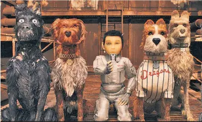  ??  ?? Atari (voiced by Koyu Rankin, center) is out to save exiled canines Chief (Bryan Cranston, from left), King (Bob Balaban), Boss (Bill Murray) and Rex (Edward Norton) in “Isle of Dogs.”