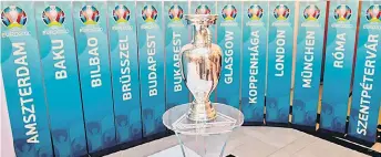  ?? — AFP photo ?? In this file photo taken on Nov 16, 2016 a model of the UEFA European football championsh­ip trophy is pictured surrounded with the names of host cities after an event to launch the Budapest’s logo for the 2020 UEFA European Championsh­ip football tournament in Budapest.