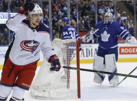  ?? RICK MADONIK/TORONTO STAR ?? Columbus winger Artemi Panarin scored the overtime winner Monday, kicking a pass to his stick. The Leafs thought he had kicked the puck straight into the net but video review proved otherwise. More Leafs coverage on S2.