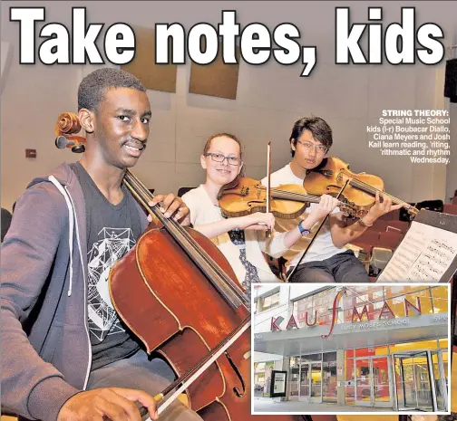  ??  ?? Special Music School kids (l-r) Boubacar Diallo, Ciana Meyers and Josh Kail learn reading, ’riting, ’rithmatic and rhythm Wednesday. STRING THEORY: