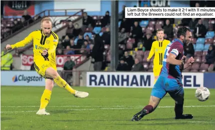  ??  ?? Liam Boyce shoots to make it 2-1 with 11 minutes left but the Brewers could not find an equaliser.