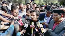  ?? - PTI ?? BRIEFING: JNU Students’ Union (JNUSU) general secretary Rama Naga talks to newsmen at the campus of Jawaharlal Nehru University (JNU) in New Delhi on Monday.