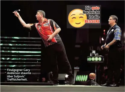  ??  ?? Finalgegne­r Gary Anderson staunte über Suljovic’ Treffsiche­rheit.