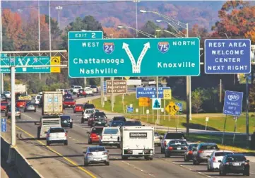  ?? STAFF FILE PHOTO ?? Vehicles travel north on Interstate 75 near Chattanoog­a. In May, TDOT released a three-year project list that includes a reconstruc­tion of the I-24 / I-75 split in Hamilton County.
