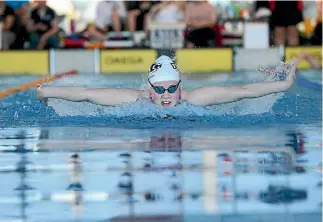  ?? SCOTT HAMMOND ?? Sophie Woodhouse shows her butterfly technique during the South Island champs in Blenheim.