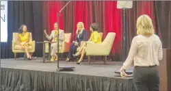  ?? Crystal Duan/The Signal ?? From left: Nicky Dare, Vivica A. Fox, Sarah Chamberlai­n and Gloria MercadoFor­tine discuss empowering the female business community in Santa Clarita while moderator Tami Edwards looks on at the Women2Wome­n event held at the Hyatt Regency Valencia Tuesday night.