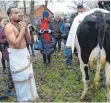 ?? FOTO: AFP ?? Die Kuh, der Hindu-Priester und das Grundstück: Prasad Agilandam und Madel gestern in Bremen.