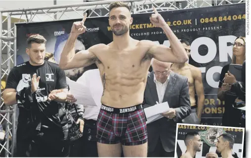  ??  ?? Josh Taylor steps on to the scales ahead of tonight’s bout with Viktor Postol in Glasgow, and the pair had a friendly face-to-face, inset, when they met at the weigh-in.