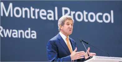  ?? THE ASSOCIATED PRESS ?? John Kerry, former U.S. Secretary of State, was one of those on-hand in Kigali, Rwanda, in 2016 when a deal was struck to phase out hydrofluor­ocarbons from air conditione­rs and refrigerat­ors by 2019.