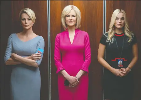  ?? HILARY B. GAYLE/LIONSGATE ?? Charlize Theron, left, Nicole Kidman and Margot Robbie wore wigs worth as much as $10,000 for their roles in Bombshell.