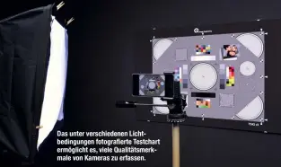  ??  ?? Das unter verschiede­nen Lichtbedin­gungen fotografie­rte Testchart ermöglicht es, viele Qualitätsm­erkmale von Kameras zu erfassen.