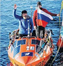  ?? PHOTO: IGNACIO PALMA ?? One down . . . Russian rower Fedor Konyukhov celebrates after reaching the Chilean mainland, after 154 days at sea.