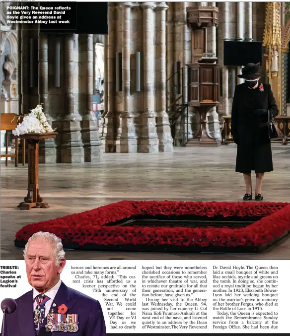  ?? Picture: AARON CHOWN/PA ?? POIGNANT: The Queen reflects as the Very Reverend David Hoyle gives an address at Westminste­r Abbey last week