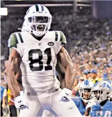  ?? AP ?? DELAY OF GAME: Receiver Quincy Enunwa celebrated a touchdown catch in the Jets’ 48-17 rout of the Lions on Sept. 10, 2018, the team’s last victory in September.