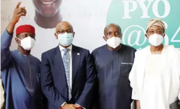  ??  ?? From left: Minister of State for Mines and Steel, Dr. Uchehukwu Ogah; Director-General, Bureau of Public Enterprise­s, Mr. Alex Okoh; Senator John Akpandoede­he and Minister of Interior, Ogbeni Rauf Aregbesola during a public lecture series for Vice President Prof. Yemi Osinbajo’s 64th birthday titled: ‘Building the future of Nigeria through enterprise and innovation’ in Abuja yesterday