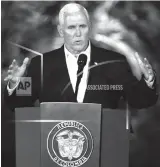  ?? ASSOCIATED PRESS ?? US Vice President Mike Pence speaks during a joint press conference with Colombia's President Juan Manuel Santos at the presidenti­al guesthouse in Cartagena, Colombia.