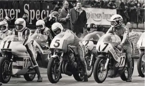  ??  ?? Crox: “On the front row of the grid you had Sheene, Woods and Ditchburn on their big two-strokes, pulling wheelies off the line. The only time you got the front wheel in the air on the Norton was loading it into the back of the van!”
