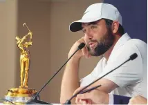  ?? ASSOCIATED PRESS ?? Scottie Scheffler speaks to the media after winning The Players Championsh­ip, overtaking the field with a final-round 64.