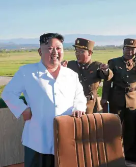  ?? —AFP ?? Undated photo shows North Korean dictator Kim Jong-un inspecting tests of a new anti-aircraft guided weapon system in an undisclose­d location.