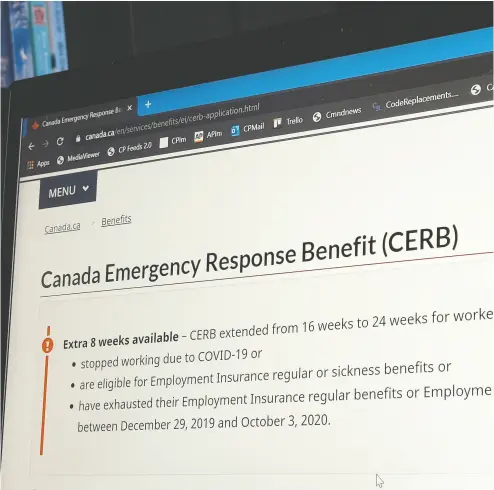  ?? Giordano Ciampini / THE CANADIAN PRESS ?? The Canada Emergency Response Benefit started winding down on the weekend, with EI taking its place.