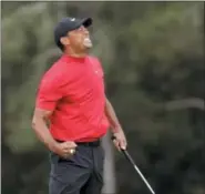  ?? CHRIS CARLSON — THE ASSOCIATED PRESS ?? Tiger Woods reacts as he wins the Masters golf tournament Sunday in Augusta, Ga.