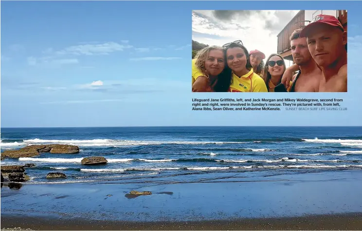  ?? SUNSET BEACH SURF LIFE SAVING CLUB
SUNSET BEACH SURF LIFE SAVING CLUB ?? Lifeguard Jane Griffiths, left, and Jack Morgan and Mikey Waldegrave, second from right and right, were involved in Sunday’s rescue. They’re pictured with, from left, Alana Ibbs, Sean Oliver, and Katherine McKenzie.
It was around half tide on Sunday when a group of seven swimmers was rapidly swept out to sea at Sunset Beach, Port Waikato.