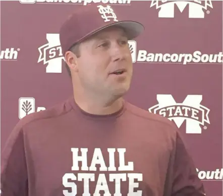  ?? (Photo by Joel Coleman, SDN) ?? Mississipp­i State assistant baseball coach Jake Gautreau visits with members of the media on Tuesday. Gautreau was hired by head coach Andy Cannizaro in June.