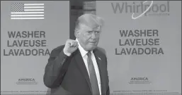  ?? JEFF LANGE/AKRON BEACON JOURNAL ?? President Donald Trump pumps his fist as he leaves a rally at the Whirlpool Manufactur­ing Plant in Clyde, Ohio on Thursday.