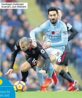  ??  ?? Gundogan challenges Arsenal’s Jack Wilshere