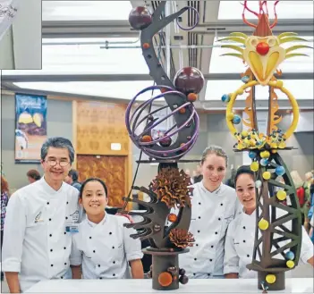  ?? Photo: JUN TANLAYCO/
NEW ZEALAND CHOCOLATE FESTIVAL ?? All chocolate: New Zealand Pastry Team members Robert Bok, Jiemin Aw, Sarah Harrap and Vivian Clarke with some of their previous creations.