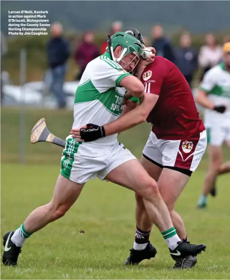  ??  ?? Lorcan O’Neill, Kanturk in action against Mark O’Driscoll, Bishopstow­n during the County Senior Hurling Championsh­ip Photo by Jim Coughlan