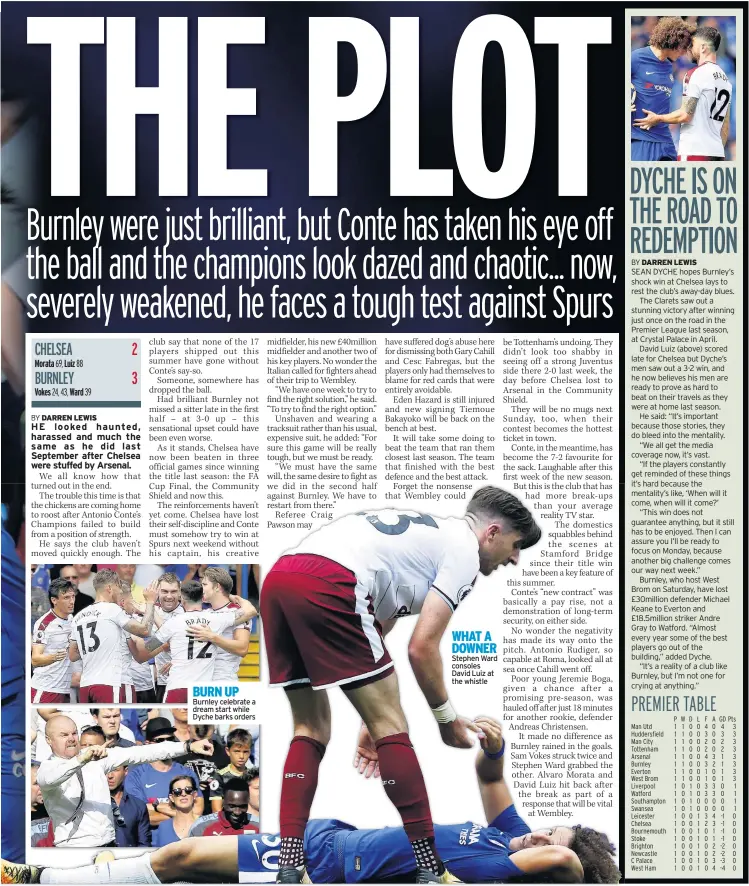  ??  ?? BURN UP Burnley celebrate a dream start while Dyche barks orders WHAT A DOWNER Stephen Ward consoles David Luiz at the whistle