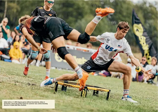  ?? ?? Spike ball is a ‘‘a 360-degree game without boundaries, sides or territorie­s’’ and is the perfect sport for summer says James Docking director of Spike Ball New Zealand.