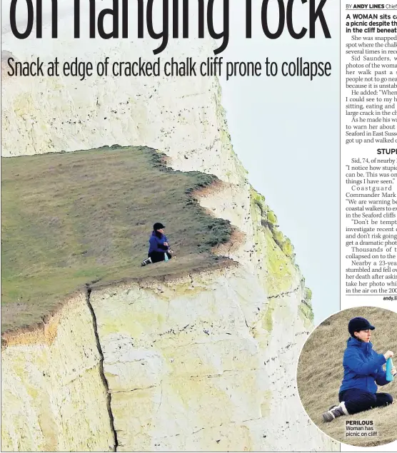  ??  ?? PERILOUS Woman has picnic on cliff