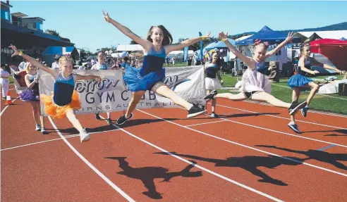  ?? Picture: BRENDAN RADKE ?? LEAP OF FAITH: Sienna an Dakota Blackhurst, Maia Cotrel and Lilly Hart from Barron Valley Gymnastics Club.