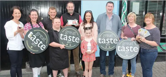  ??  ?? Wexford Food Family Great Taste Award winners. Pauline Dunne, Killowen Farm; Clodagh Davis, Naturally Codial; Joe Moffatt and Tim Nickerson, Isle of Crackers; Marisa and Lulu Roche, Meadowfiel­d Farm; Pat O’Neill, O’Neill’s Dry Cure Bacon; Mary...