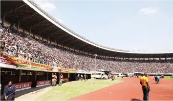  ??  ?? FULL HOUSE . . . Part of the capacity crowd that packed the giant National Sports Stadium in Harare for the 38th Zimbabwe Defence Forces Day celebratio­ns