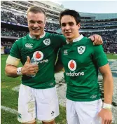  ?? Photo by Brendan Moran/Sportsfile ?? Joey with Josh van der Flier after he made his debut for Ireland in the internatio­nal between Ireland and New Zealand at Soldier Field, Chicago last November.
