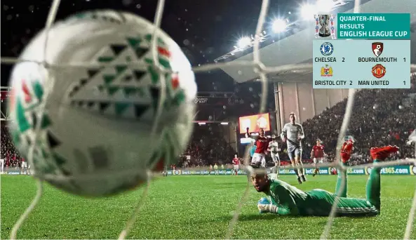  ??  ?? What the Devil?: Manchester United goalkeeper Sergio Romero conceding the first goal by Bristol City’s Joe Bryan in the English League Cup quarterfin­al at the Ashton Gate Stadium in Bristol on Wednesday. Below: Bristol City manager Lee Johnson...