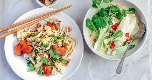  ?? SARAH TUCK ?? Ku¯ mara and cauliflowe­r sesame noodles and coconut fish curry are easy noodle dishes for two people.